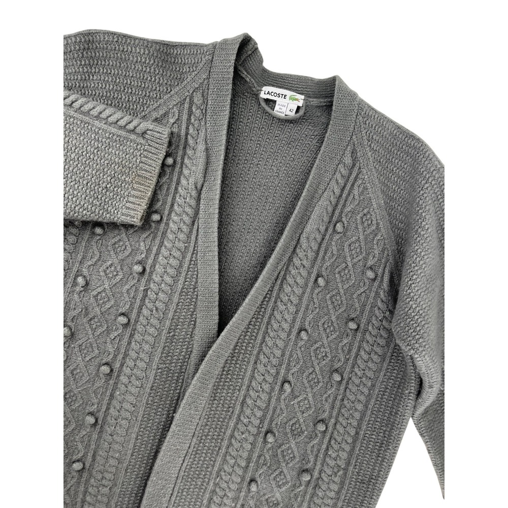 Lacoste Vintage Wool Cashmere Cable Knit Bobble Cardigan Grey Made in France 42‎